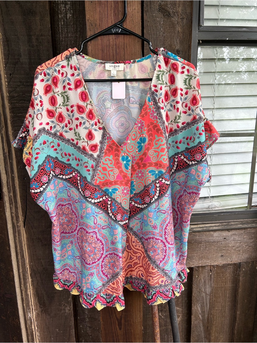 Umgee Coral Turquoise Pink Patchwork V-Neck Tunic